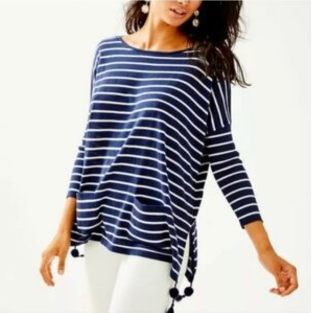 Lilly Pulitzer Navy White Stripe Tassel Side Knit Pullover